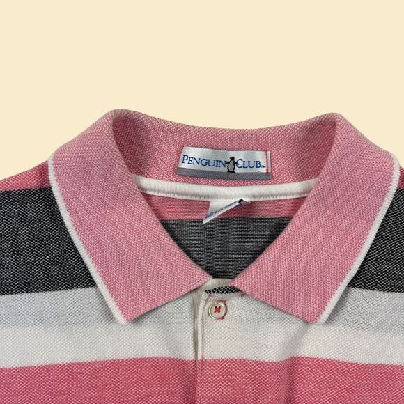 90s L pink polo shirt by Penguin Club, vintage pink & grey striped mens top - Picture 6 of 10